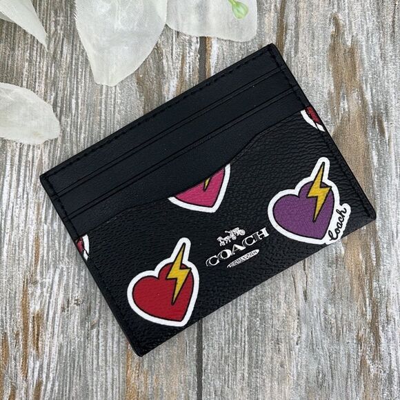 Coach Slim Id Card Case With Heart Bolt Print Wallet Bag Purse - Picture 1 of 8